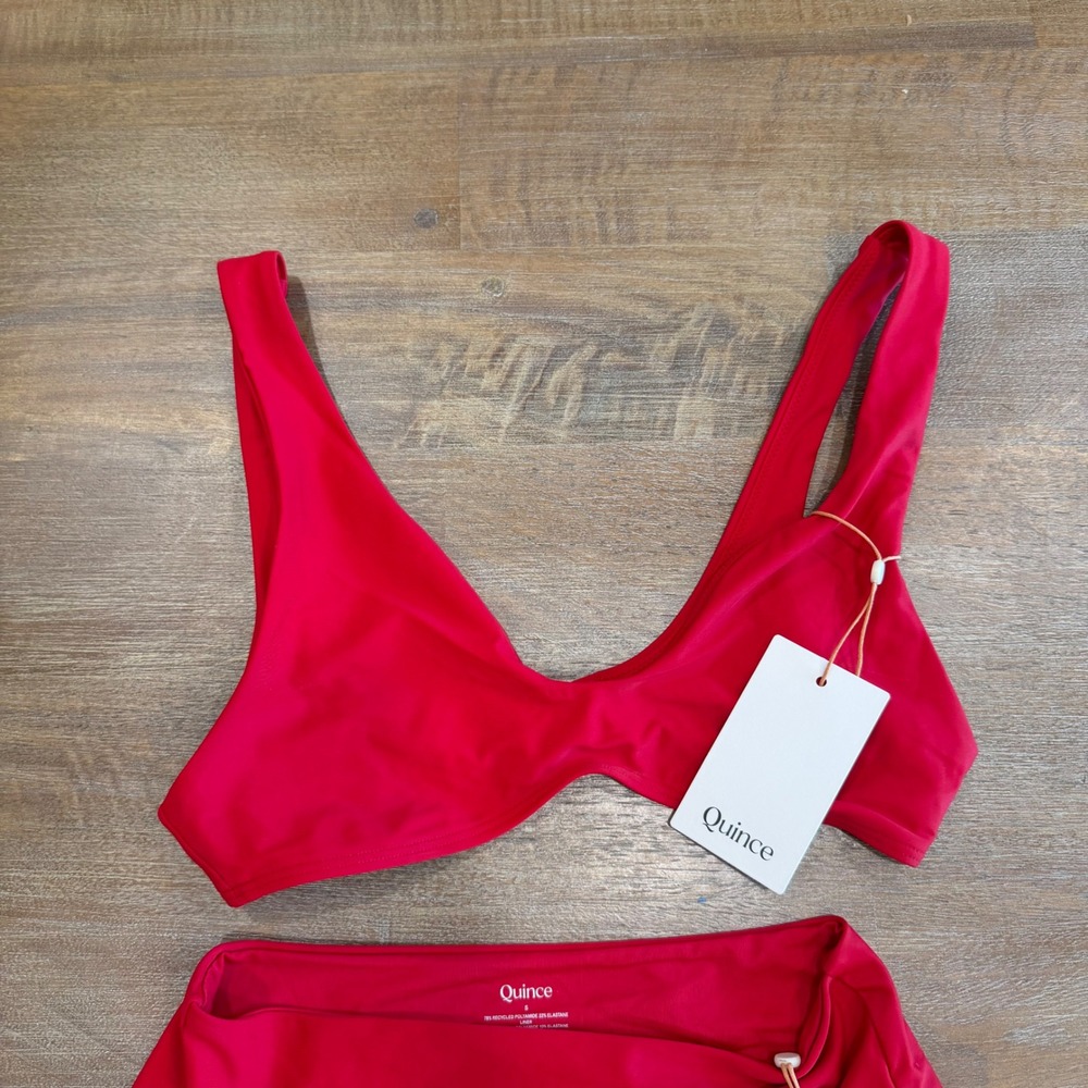 Quince Red High Waisted Bikini Set V-Neck Top High Cut Bottom Small NWT Bathing - Picture 3 of 12